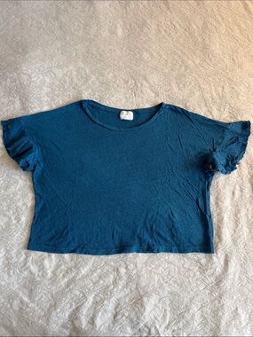 T.La Teal Blue Crop Top with Ruffle Sleeves
